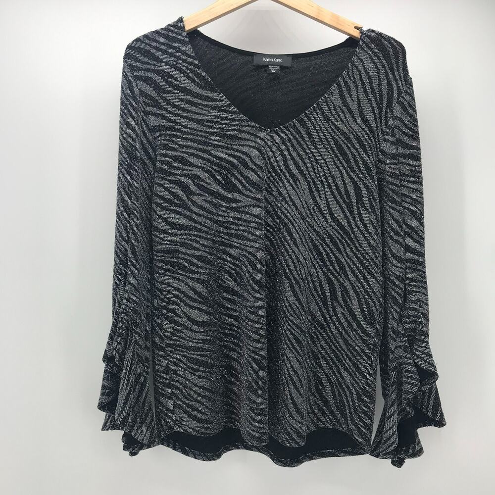 Karen Kane Top Womens Medium Black Silver Animal Print Long Bell Sleeve V Neck